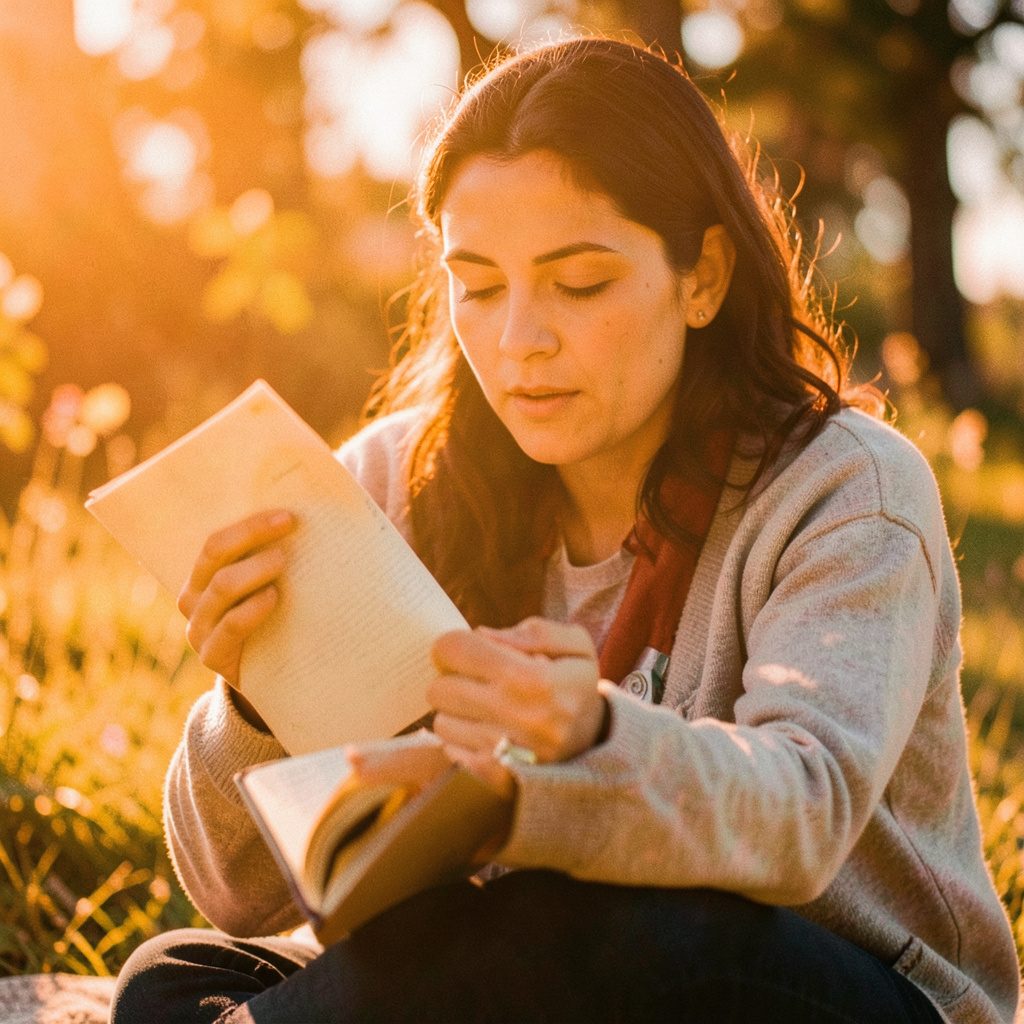 A candid photograph of a hand writing in a small journal on a wooden desk, soft morning light, sage and warm beige tones, calm and reflective mood